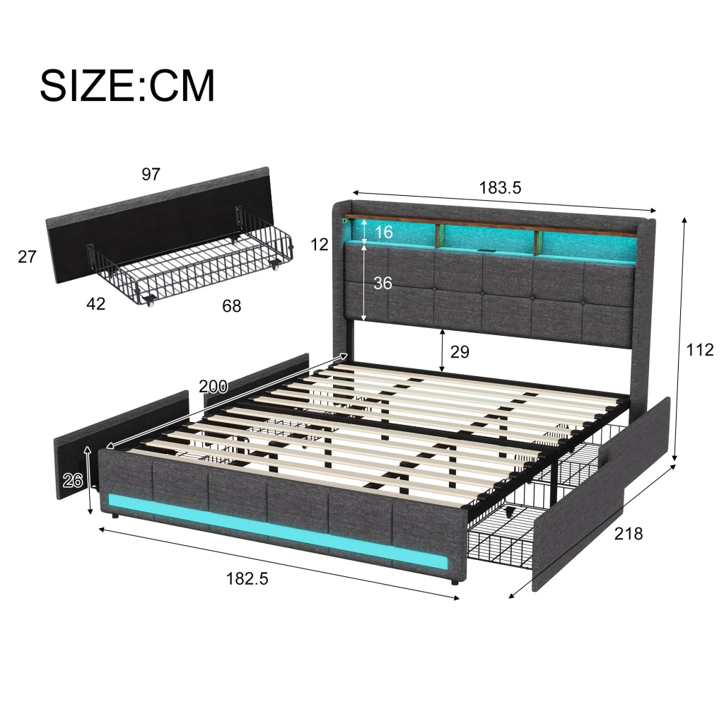 Letto matrimoniale 180x200 cm tessuto grigio, testiera contenitore con ricarica USB e USB-C, LED RGB APP telecomando, 4 cassetti estraibili