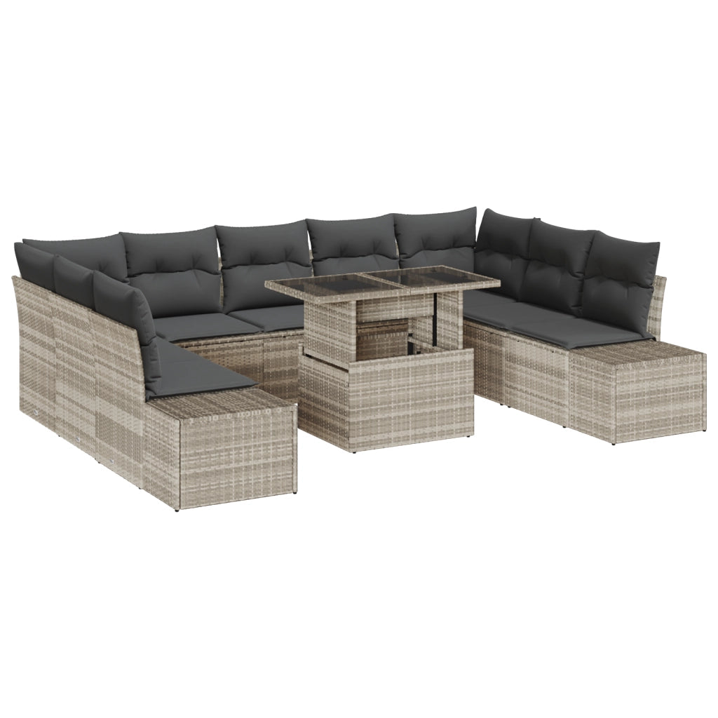 Set da giardino con divano a 10 pezzi e cuscini grigio chiaro in rattan sintetico