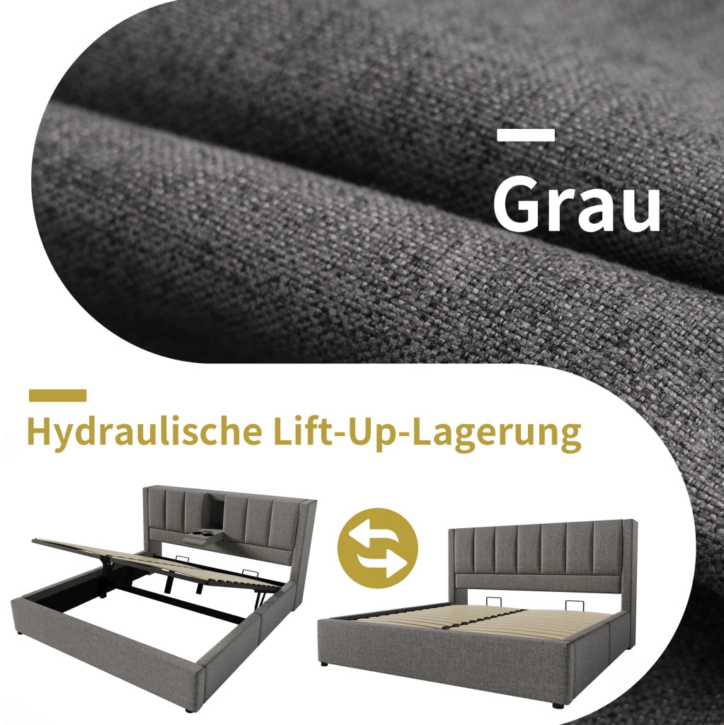 Letto imbottito 140x200 cm con contenitore, USB, portabicchieri e materasso