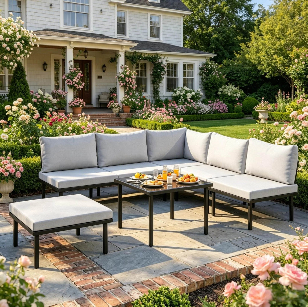 Set salotto da giardino modulare 6 pezzi con cuscini; tavolino in vetro temperato; nero e grigio chiaro