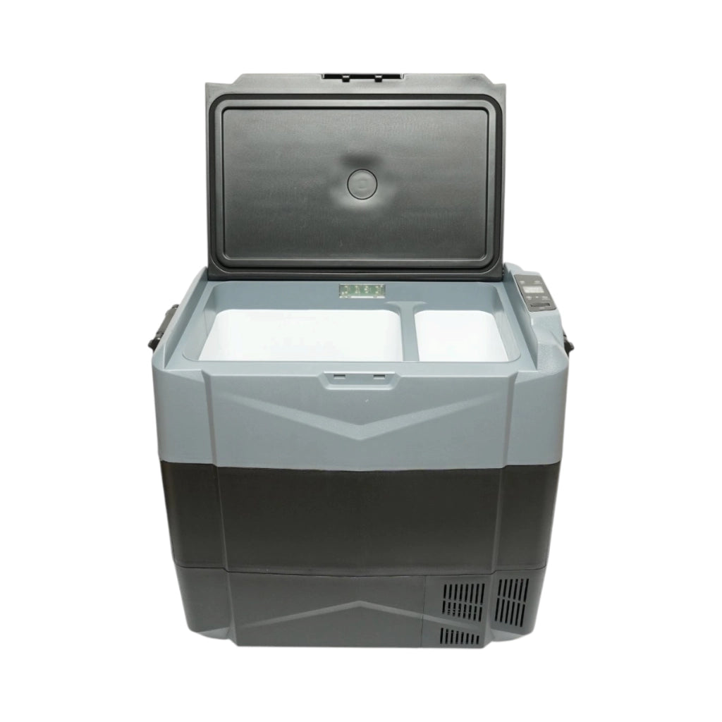 Frigorifero per auto 55L con compressore 12V-24V-220V, 60W, display LCD, doppia zona di raffreddamento, USB 630x390x590mm