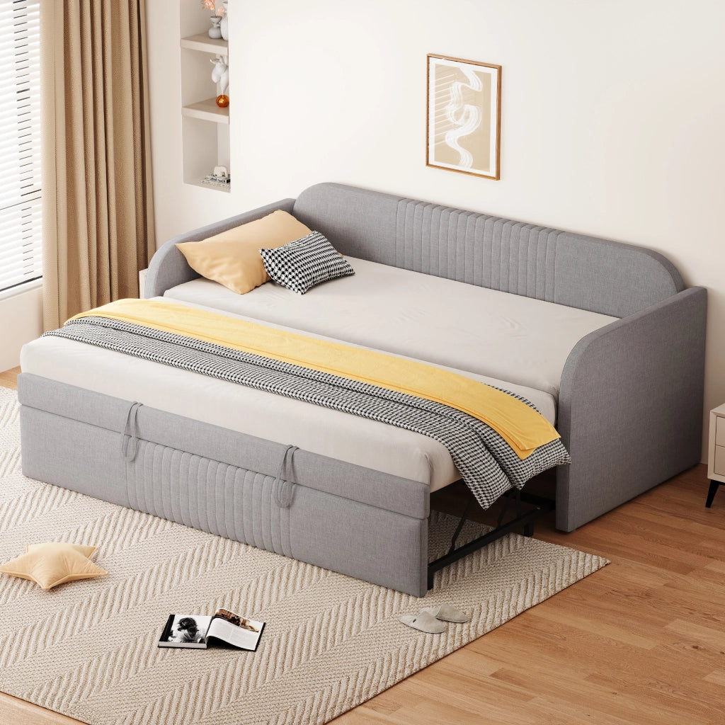 Letto divano estraibile 90/180x190 cm con schienale a righe verticali; rete a doghe e rivestimento in lino grigio chiaro