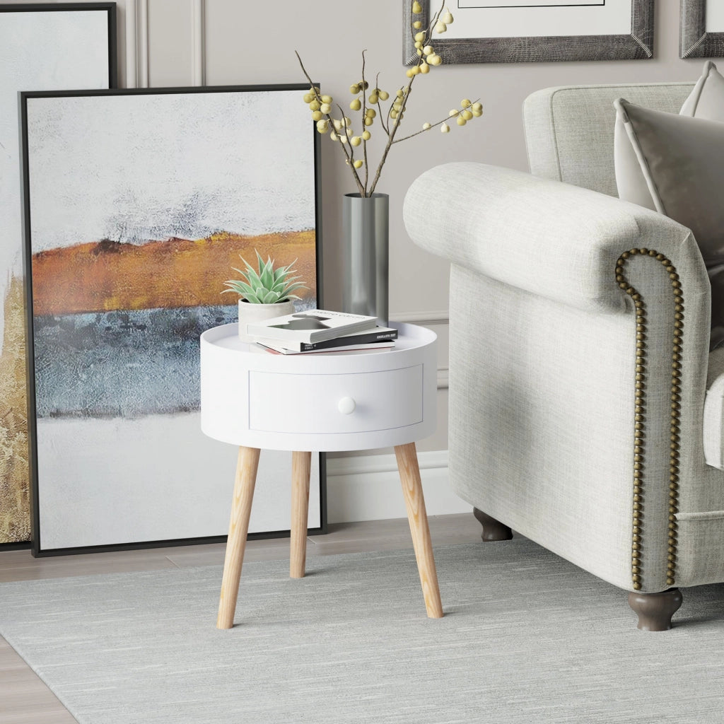Tavolino da Salotto Moderno con Cassetto in Legno Bianco Ø38x45 cm