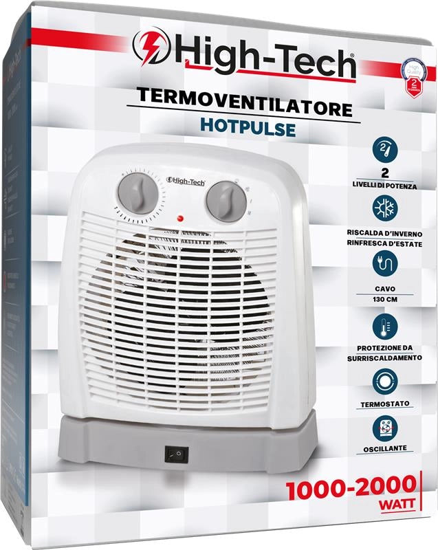 HIGHTECH TERMOVENTILATORE OSCILLANTE, TERMOSTATO AMBIENTE REGOLABILE, PROTEZIONE DA SURRISCALDAMENTO BIANCO 1000-2000W