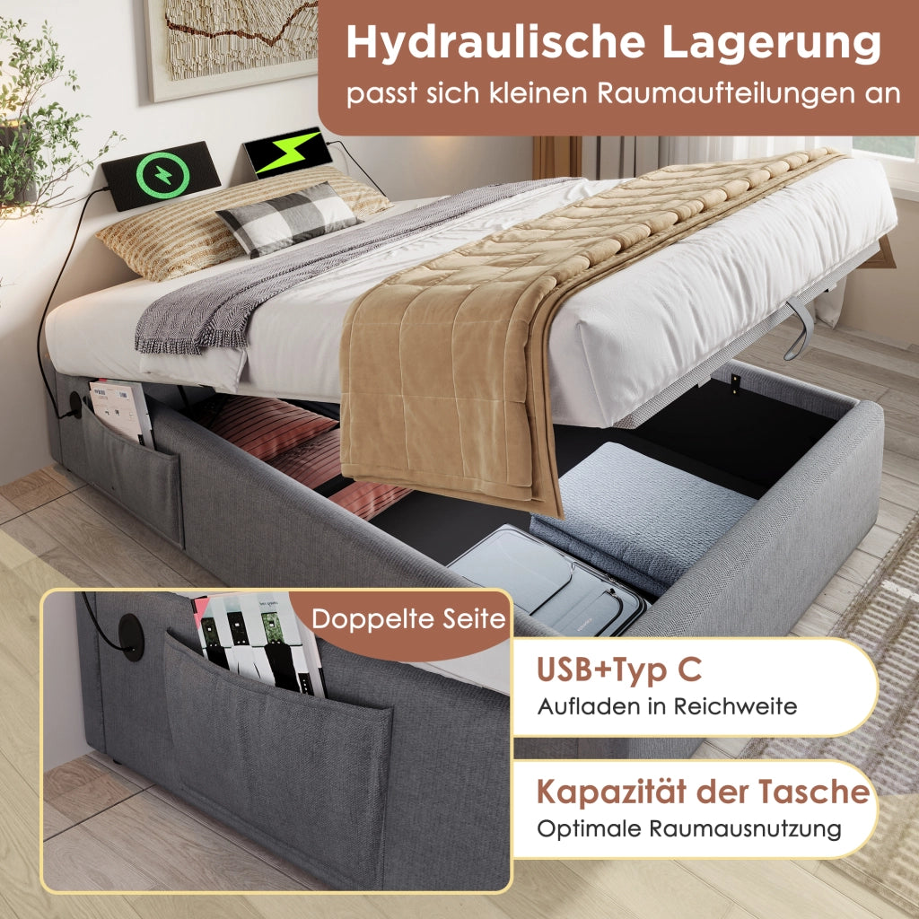 LETTO Contenitore 140x200 cm Grigio in lino con USB e Type-C