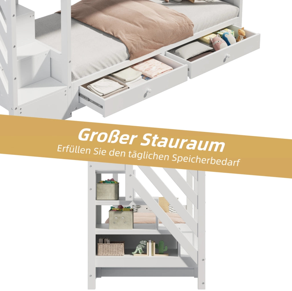 Letto a castello 90x200 cm con divano, scala contenitore e cassetti