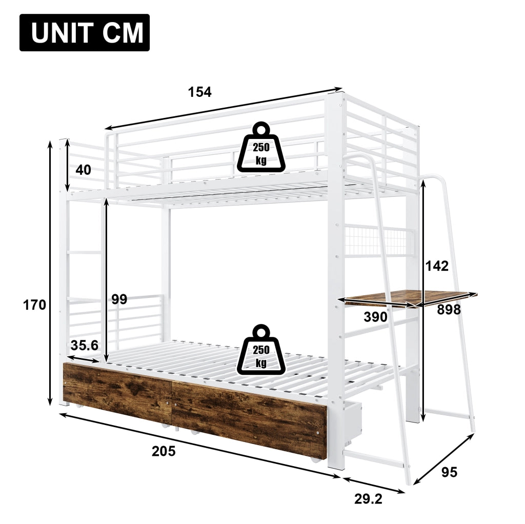 Letto a castello 90x200 cm in metallo e MDF con cassetti