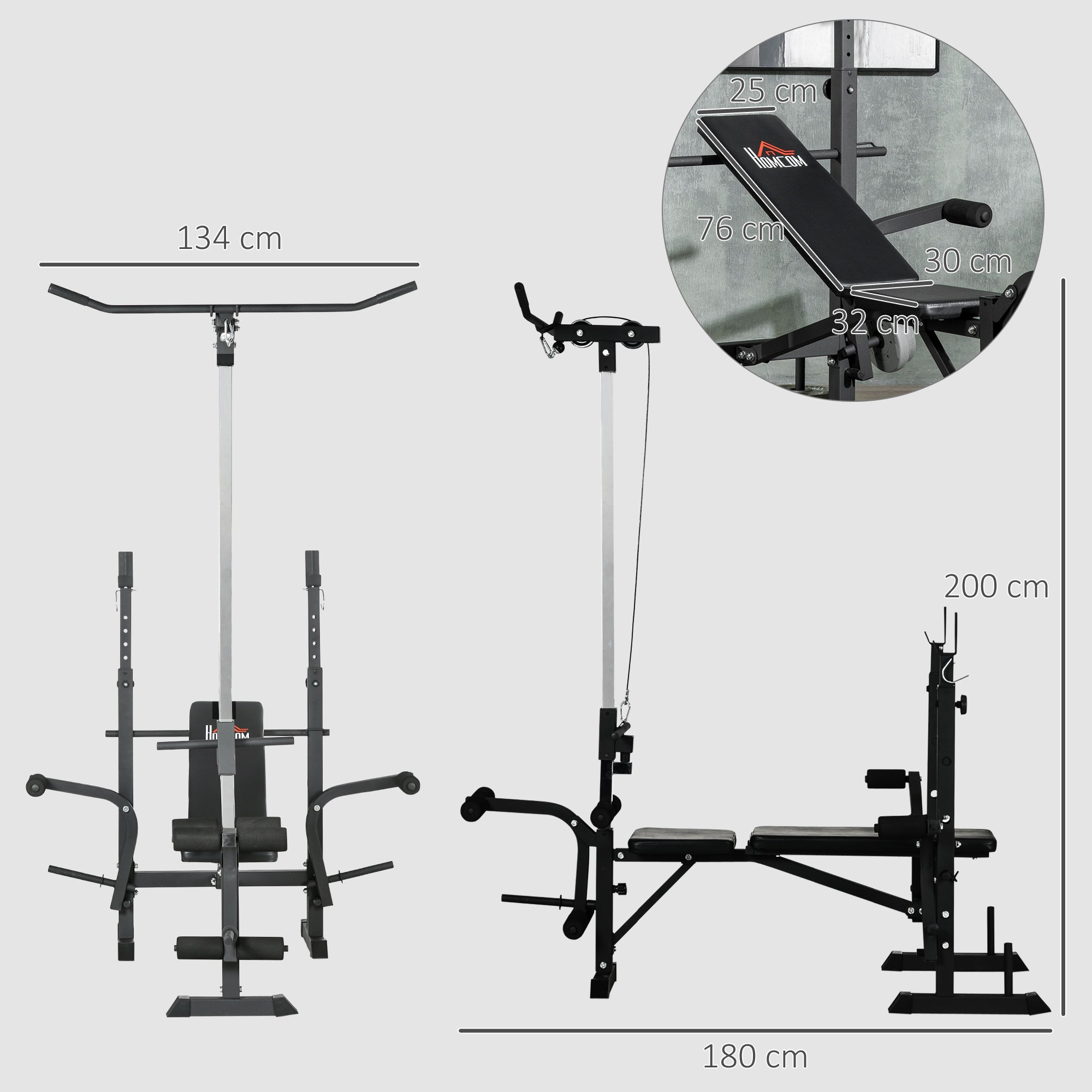 Panca Fitness 180x134x200 cm con Leg Press Squat Rack e Leg Extension in Acciaio e PU Nero e Argento