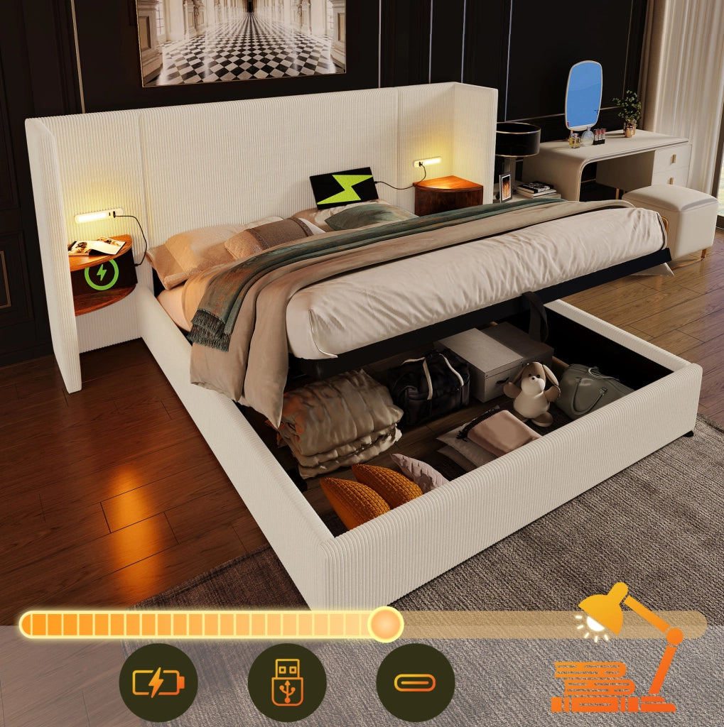 Letto matrimoniale 160x200 cm in tessuto corduroy beige con contenitore; lampada e USB-C