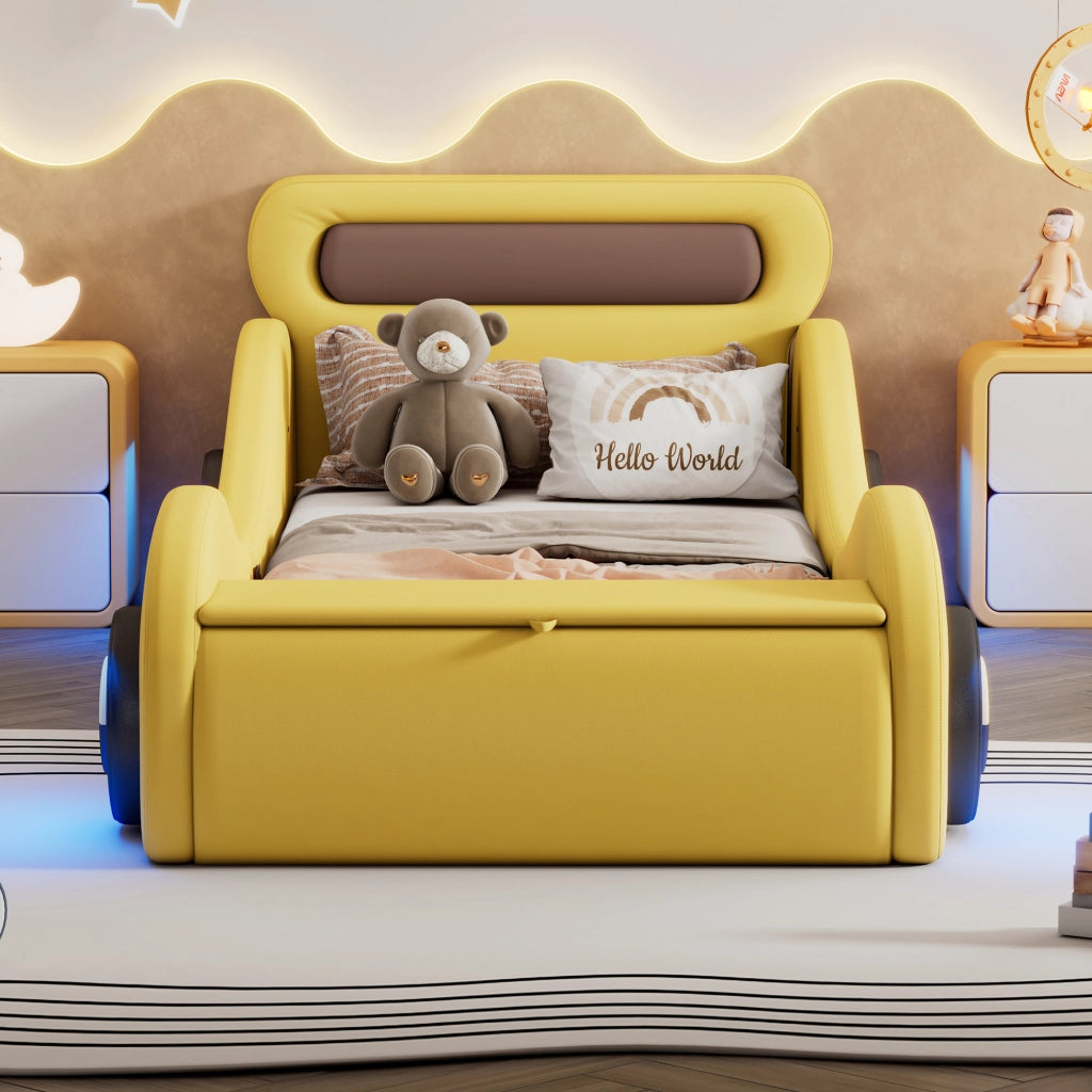 Letto imbottito a forma di auto giallo con ruote luminose in PU 90x200 cm