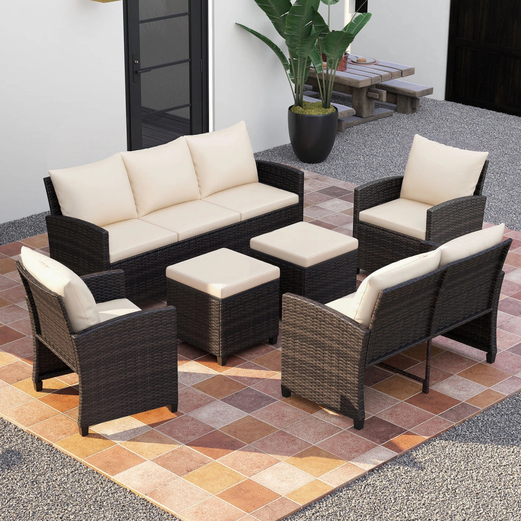 Set salotto da esterno in rattan PE con divano a 3 posti divano a 2 posti, Set da giardino con 2 poltrone e 2 poggiapiedi Beige