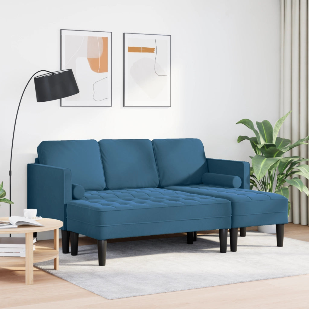 Divano da giardino  con panca e cuscini in velluto blu a forma di L