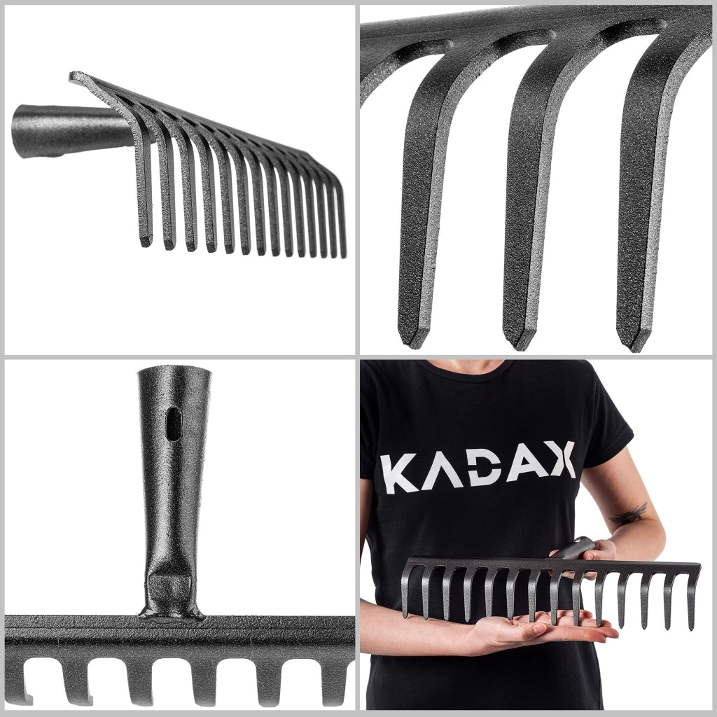 Rastrello per foglie in acciaio KADAX a 14 denti, senza manico, per terra ed erba.