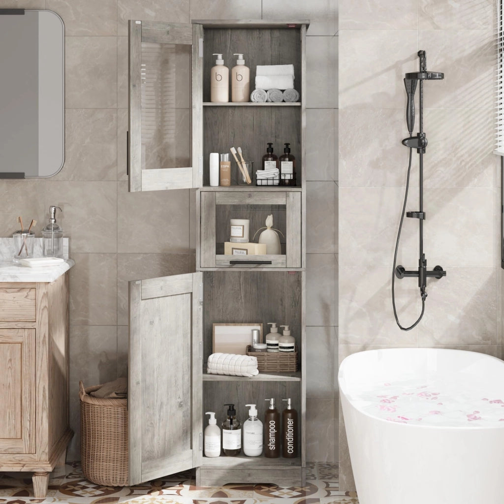 Mobiletto Bagno Alto e Slim 170cm in MDF Grigio, 4 Vani e 1 Cassetto