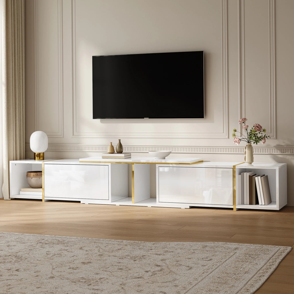 Mobile TV estensibile 275x35x37 cm bianco con frontali lucidi e bordi oro