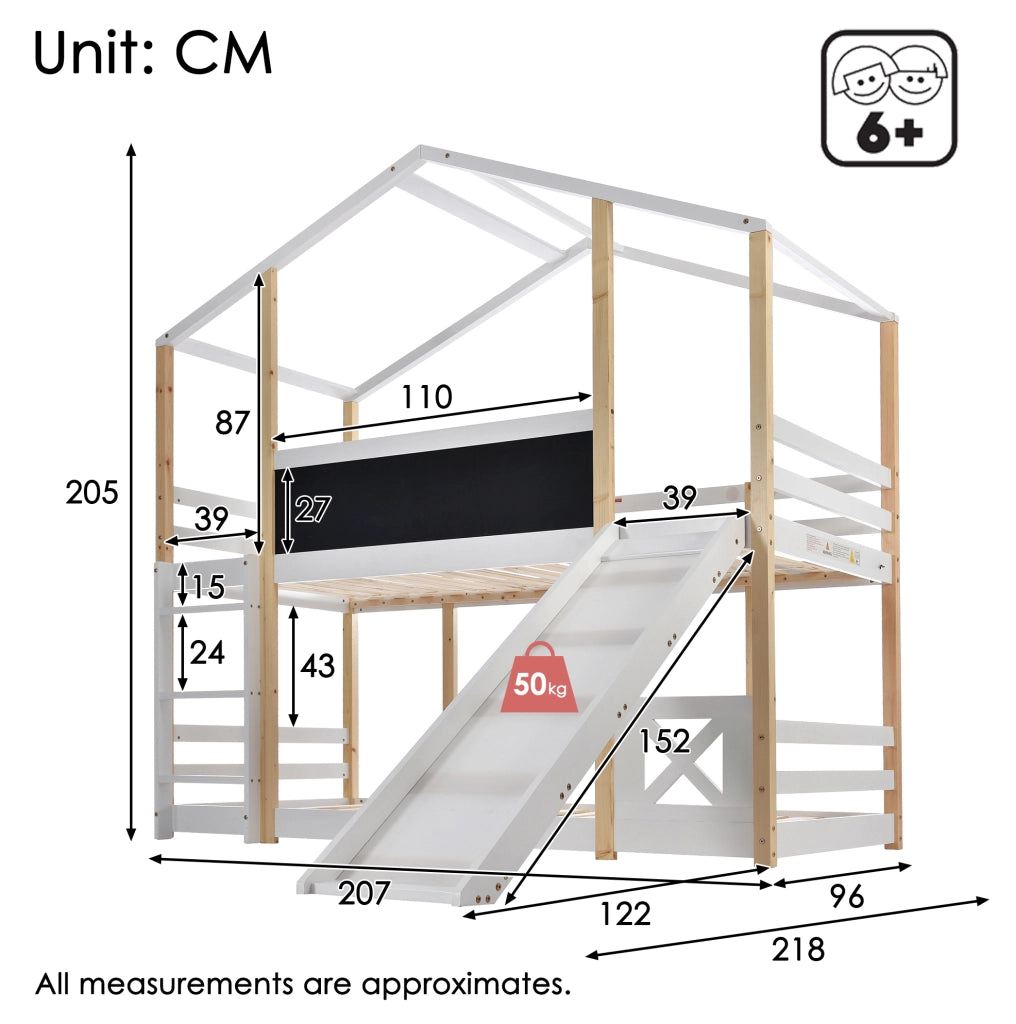 Letto a soppalco per bambini 90x200 cm con scivolo e scala; legno bianco