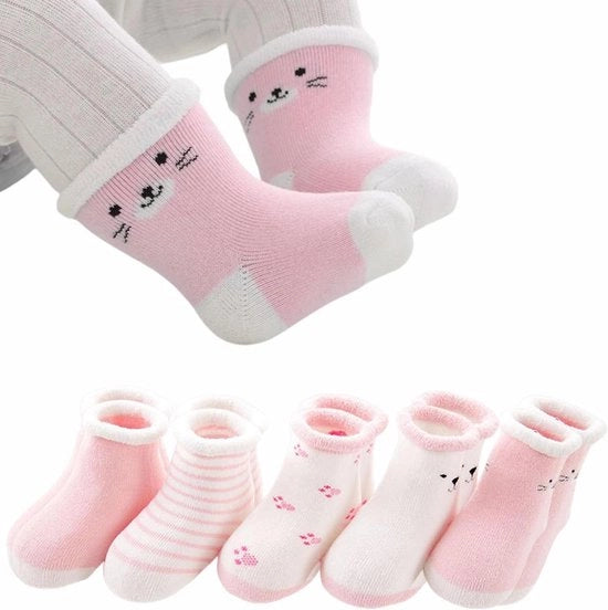 Sokketto caldo per bambini con disegno animale, 5 paia, per età 0-36 mesi, calze invernali di cotone con imbottitura di velluto.