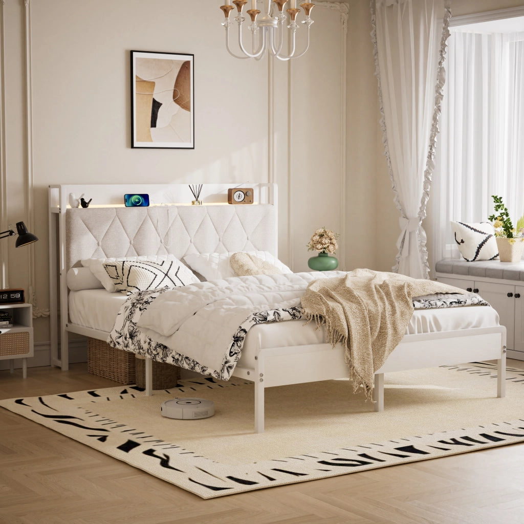 LETTO imbottito 140x190 cm bianco con testiera LED e USB