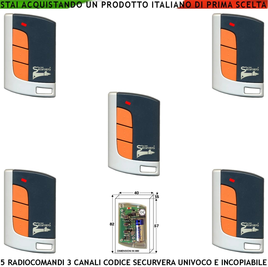 Radiocomando Cancello Automatico Cinque Pezzi Frequenza 433,92 MHz 3 Canali Numerati Potenza 1 mW Portata Libera 60/100 MT Codice Sicurezza Securvera Rolling C. 66 Bit Batteria 12V 23A Contenitore ABS