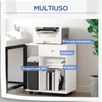 Mobiletto per Stampante in Legno con 4 Ruote, Mensola Regolabile e Piano per CPU, Bianco