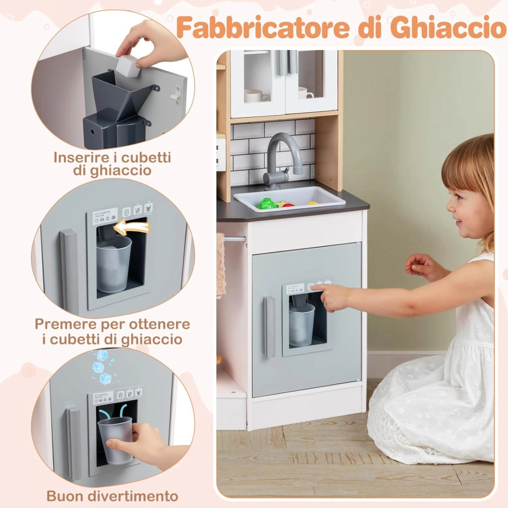 Cucina Giocattolo per Bambini, Cucinetta in Legno con Suoni e Luci, Fornello, Lavandino, Macchina del Caffè, Gioco Cucina di Ruolo per Bambini 3+ Anni (Grigio)