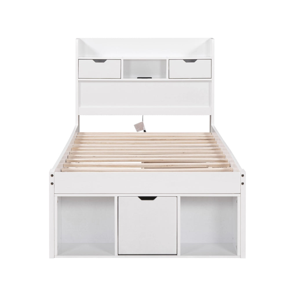 Letto singolo 90x200 cm con USB e grande spazio; pino e MDF; bianco (Senza materasso)