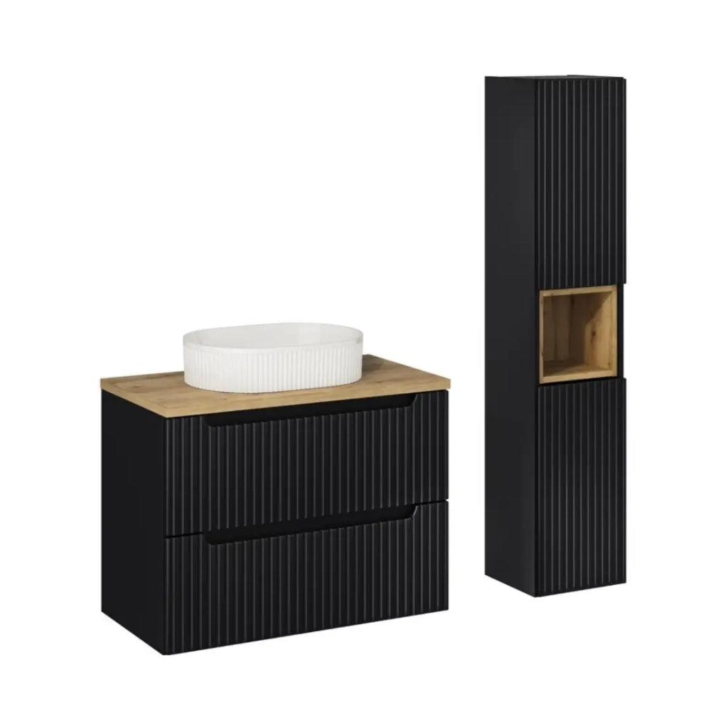 Set VANO 110cm: mobile sottolavabo con cassetti + piano per lavabo + lavabo da appoggio scanalato bianco + colonna