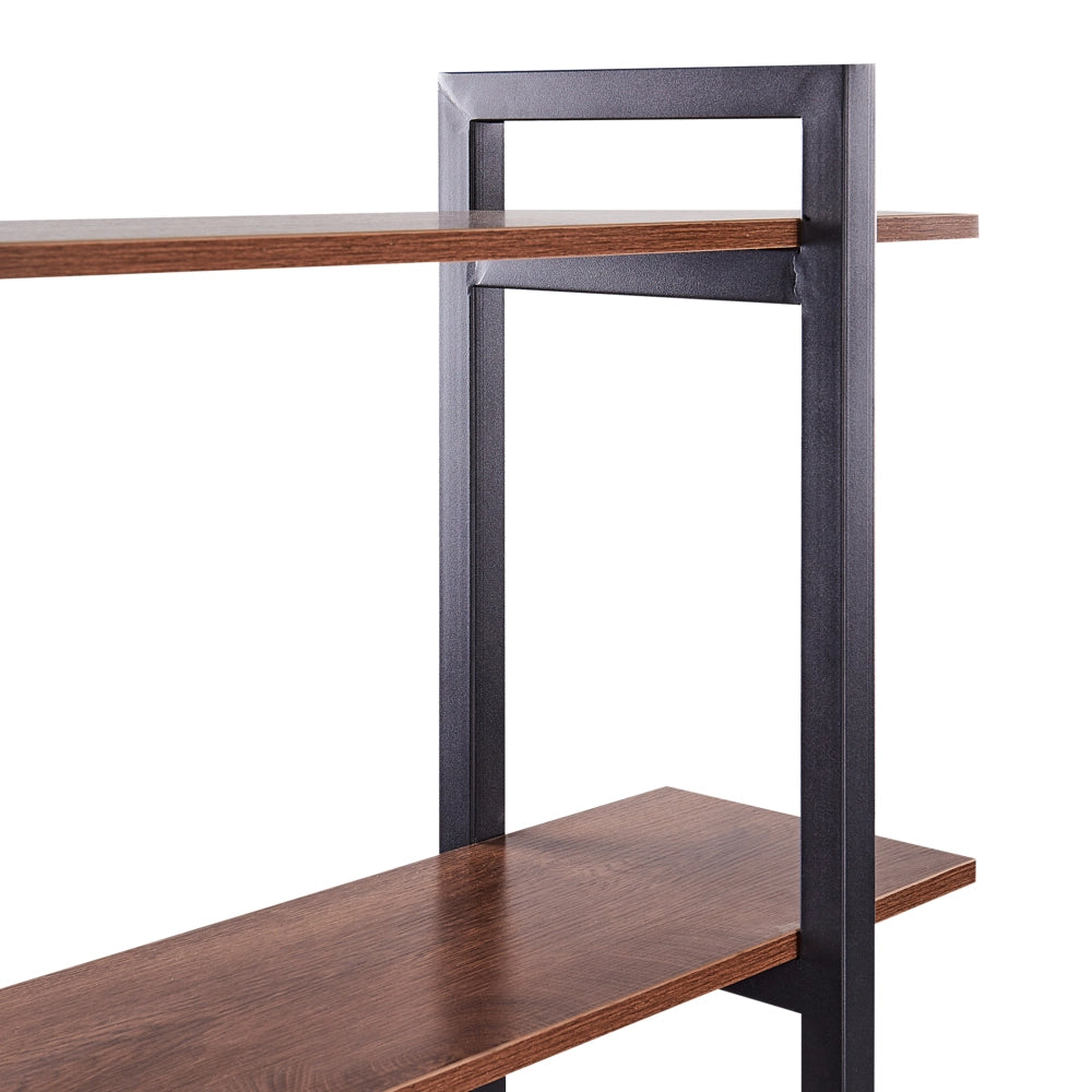 Libreria industriale con luci LED a 5 livelli con schienale aperto in legno scuro e struttura in metallo nero stile moderno industriale