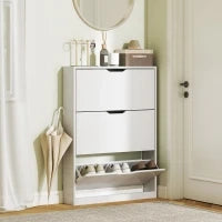 Scarpiera Slim a 3 Cassetti Ribaltabili con Intaglio Inferiore, in Legno, 80x17x108 cm, Bianco