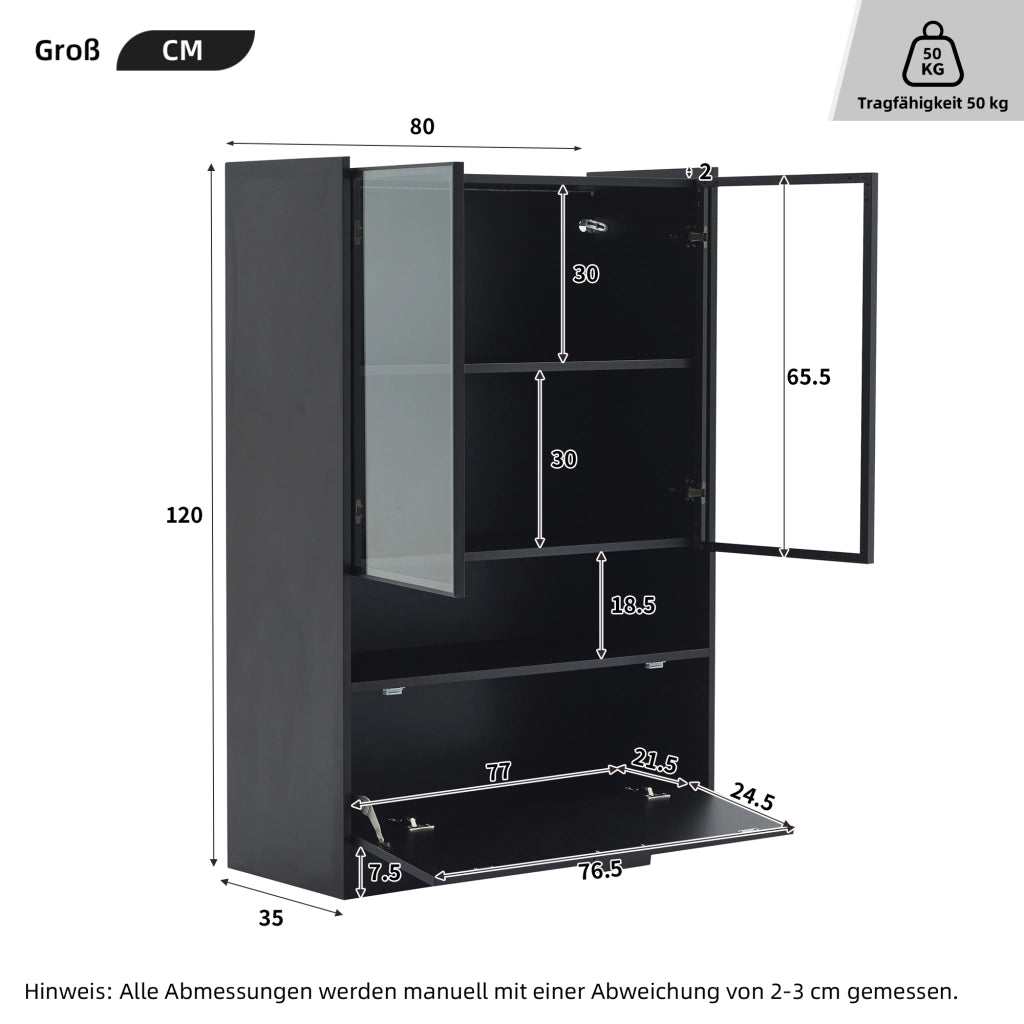 Vetrina con LED e ante in vetro temperato, vano ribaltabile, per soggiorno, in truciolare, nero, 120 × 80 × 35 cm