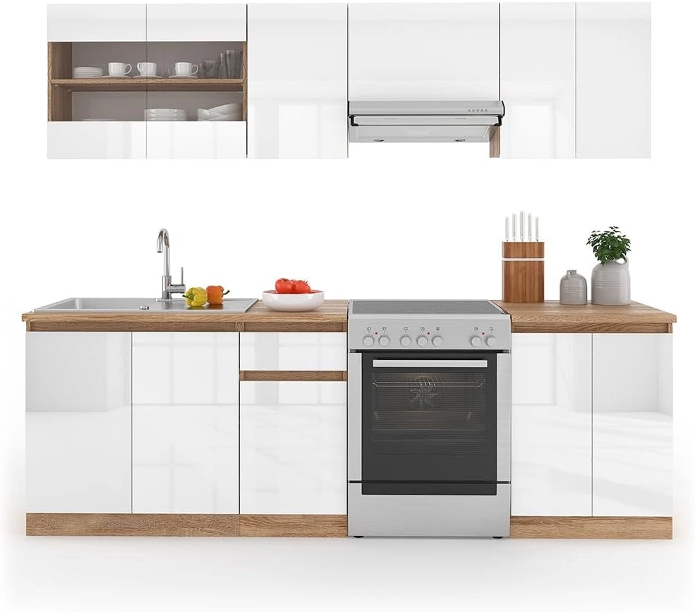 Cucina componibile Raul, Bianco lucido/bianco, 240 cm, PL Sonoma, con moduli posizionabili variabilmente e piedini regolabili in altezza