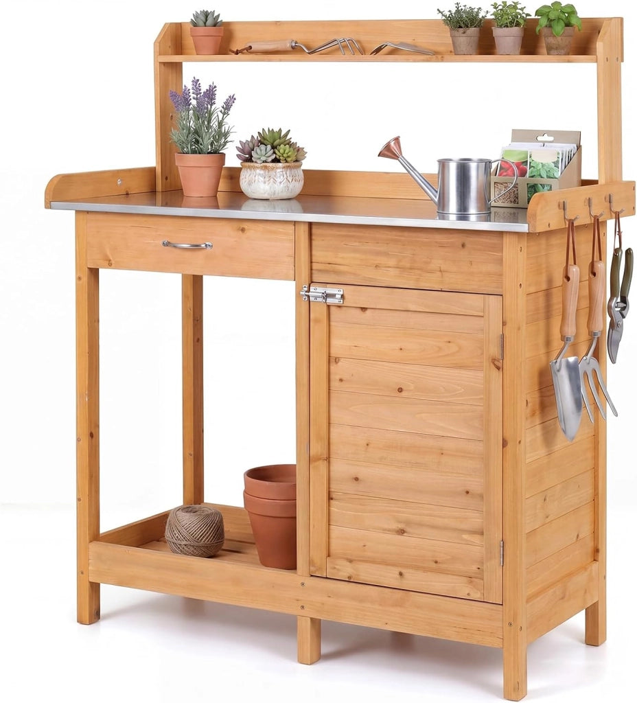 Tavolo da Giardinaggio in Legno con Piano in Acciaio (Legno) | Tavolo per Piante con Ripiani Aperti, Armadietto, Cassetto e 3 Ganci, Banco da Lavoro per Giardino e Balcone, 112x46,5x125 cm