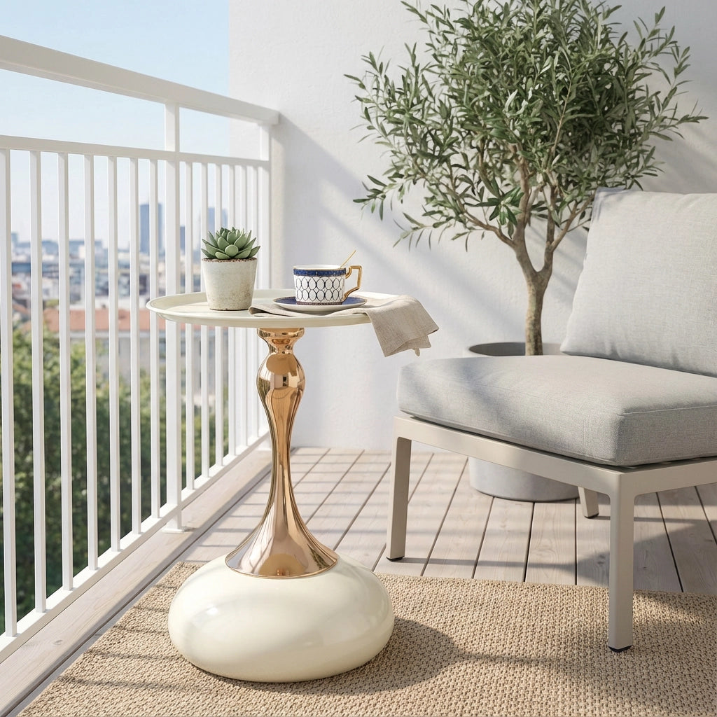 Tavolino basso rotondo con base in metallo, per soggiorno e camera da letto, bianco e oro, per piccoli spazi, 38 cm