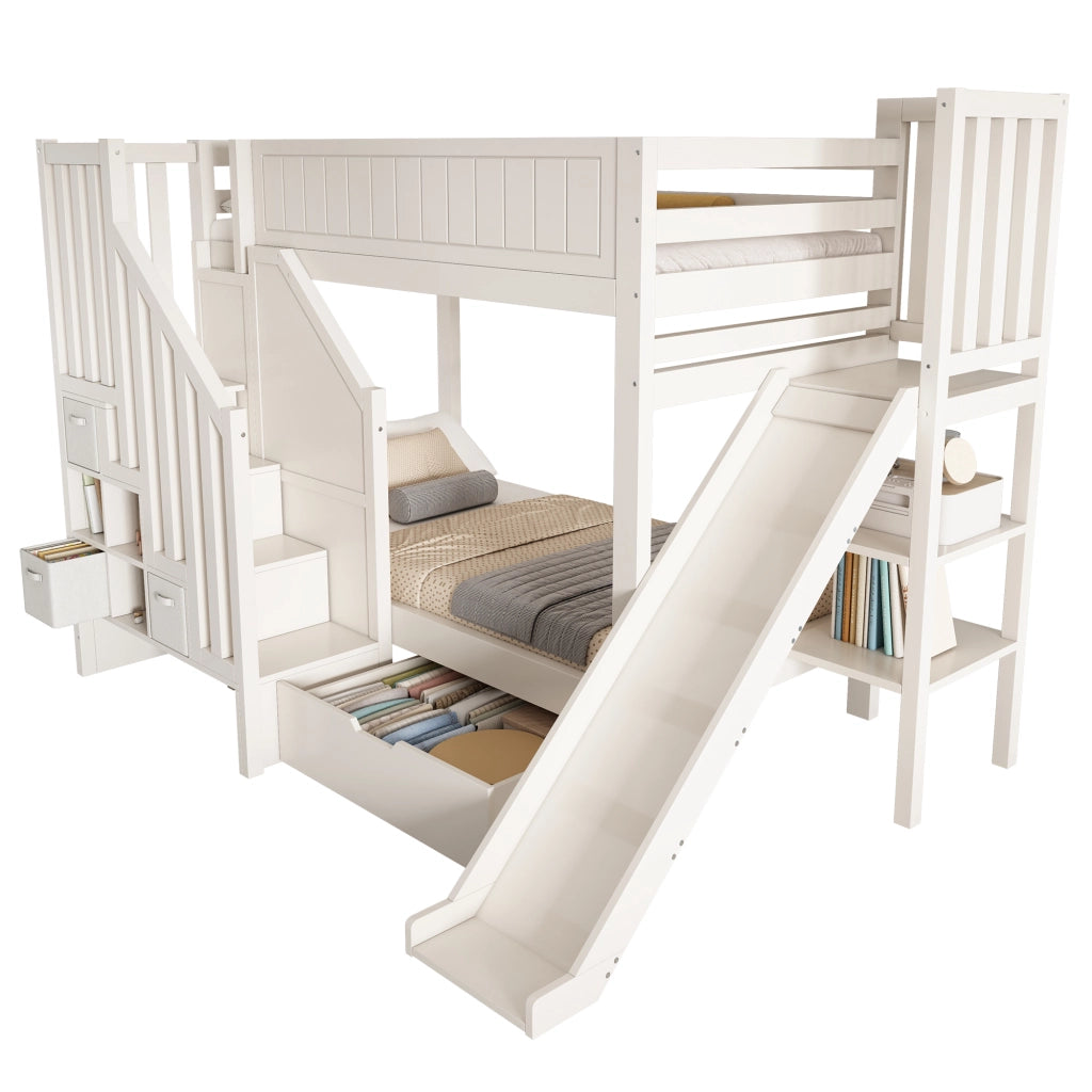 Letto a castello per bambini - Zephmum- 90x200 cm con scivolo, cassetti, scaffale aperto, bianco