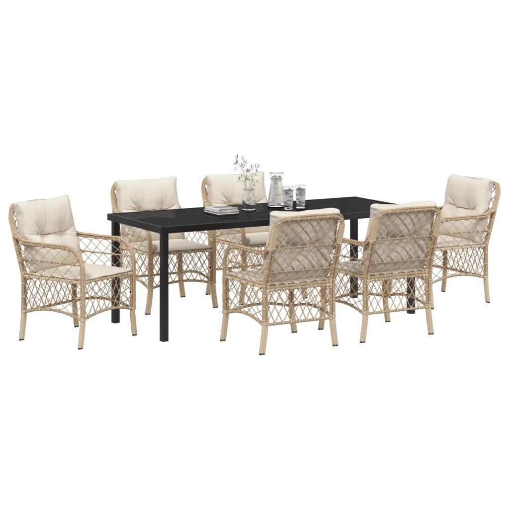 Set da Pranzo per Giardino 7 Pezzi con Cuscini in Rattan Polietilene Beige