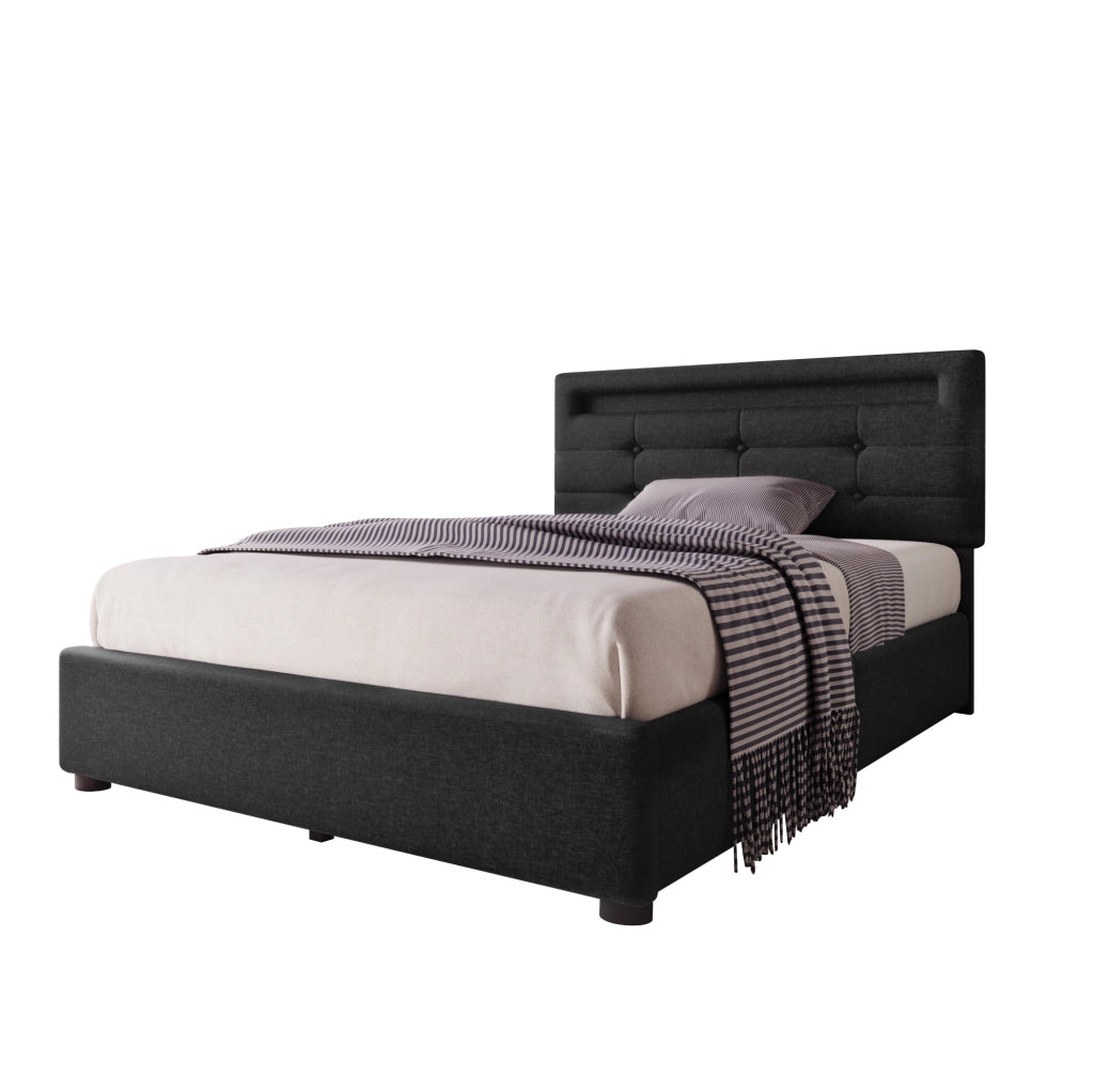 Letto singolo imbottito 90x200 cm con illuminazione LED, 2 cassetti e testiera regolabile grigio