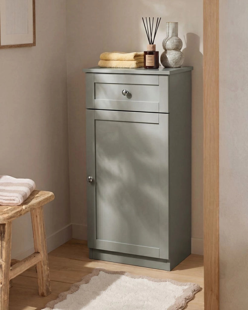 Mobile da bagno in MDF grigio con ripiani e cassetto, stile tradizionale