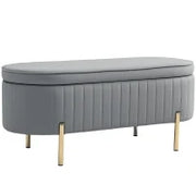 Panca Contenitore Ovale da 72L con Coperchio Sollevabile, in Tessuto Vellutato e Legno, 108x44x43.5 cm, Grigio