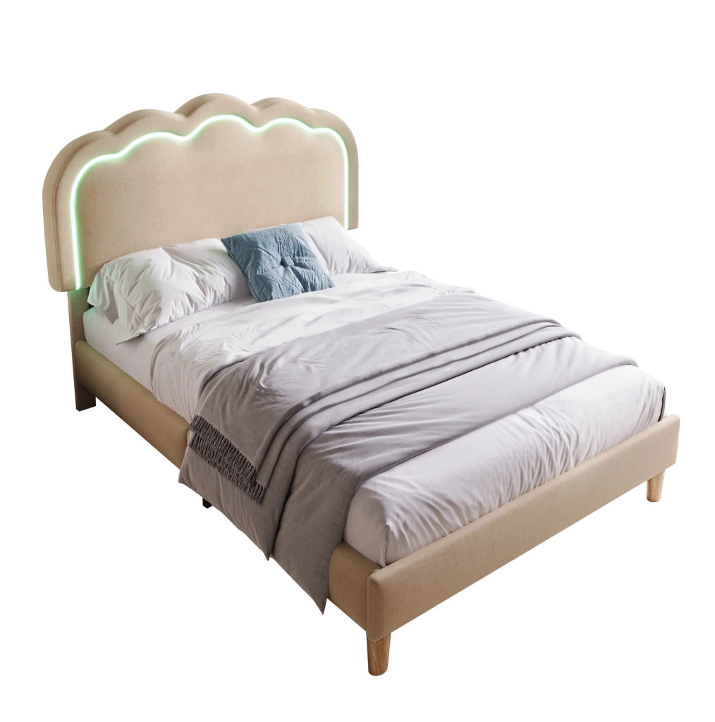 Letto imbottito 90x200 cm; testiera LED regolabile; lino; beige (Senza materasso)