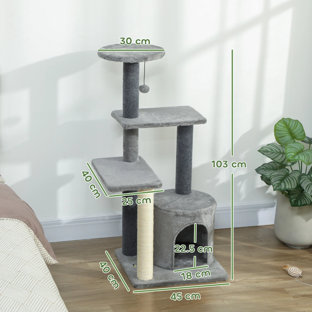 Albero per Gatti Multilivello con Tiragraffi Sisal e Casetta ¨C Zephmum ¨C Grigio 103 cm