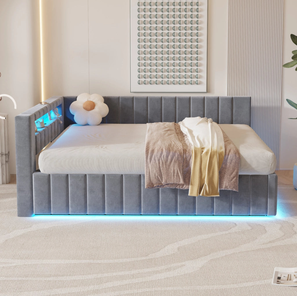 Letto imbottito 140x200 cm; contenitore idraulico con LED e USB; velluto grigio (Senza materasso)