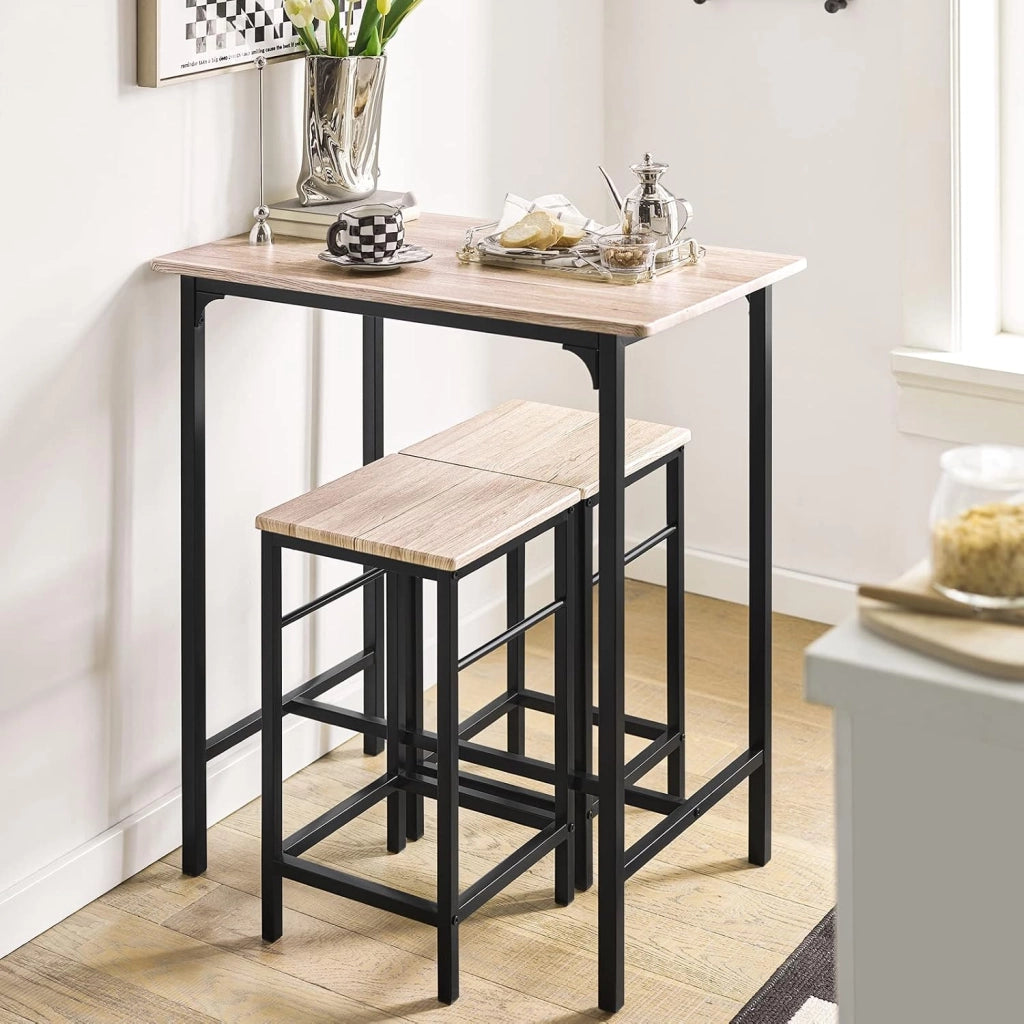 Set Tavolo da Bar Alto con 2 Sgabelli - Tavolo Salvaspazio per Cucina Piccola e Balcone, Stile Industriale Moderno - Tavolino Alto da Esterno per Giardino o Terrazzo OGT10-N