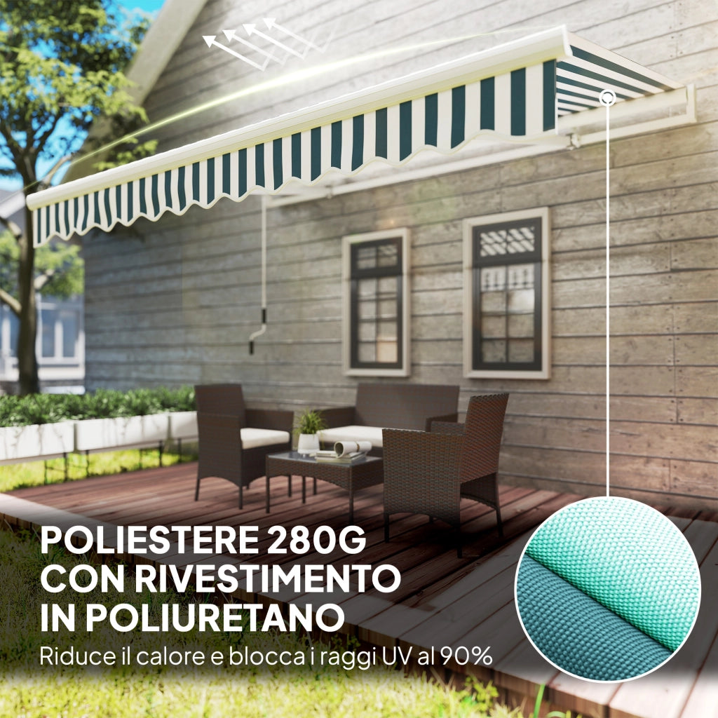 Tenda da Sole a Bracci Avvolgibile a Manovella in Metallo e Alluminio. 4x2.5m. Verde e Bianco