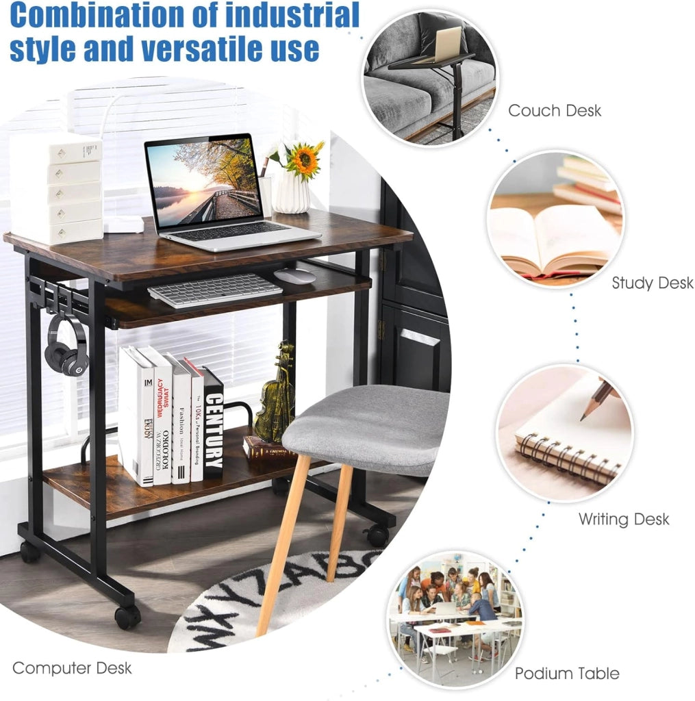 Scrivania portatile per computer con estrattore per tastiera, scrivania compatta con ampia superficie di lavoro, supporto per CPU e ganci, tavolo per PC industriale, per casa, marrone rustico