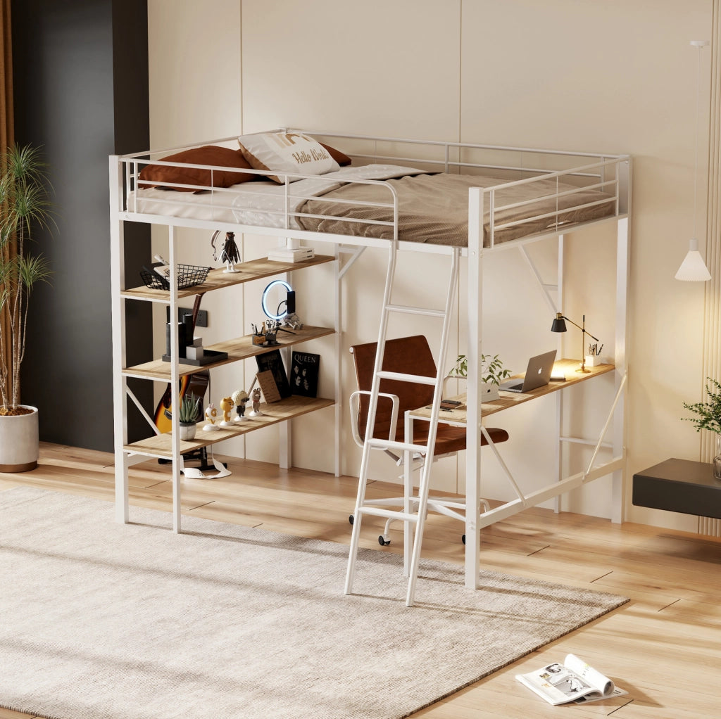 Letto a soppalco 90x200 cm con scrivania e 3 ripiani; bianco