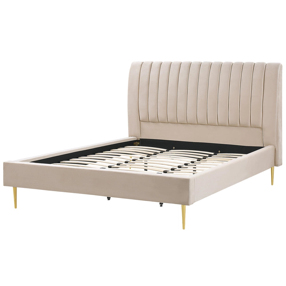 Letto imbottito velluto beige sabbia e oro rete a doghe testiera alta 180 x 200 cm testata alta design retrò
