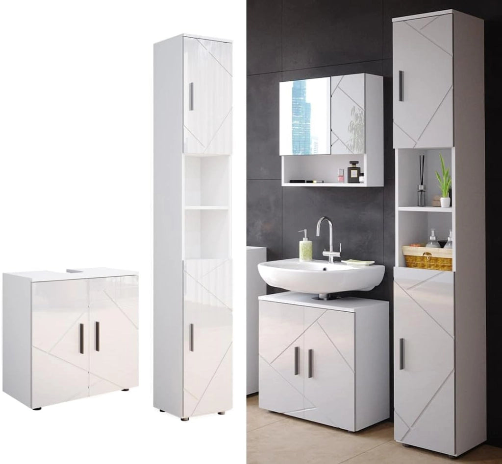 Set di mobili da bagno Irma, Bianco lucido, 2 parti, con colonna