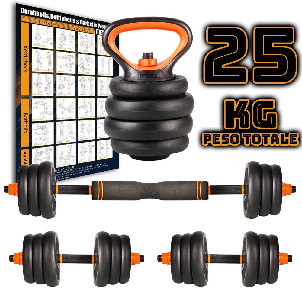 Trade Shop - Set 6in1 Multifunzione Peso 25kg Manubri Con Bilanciere E Kettlebell Componibile -