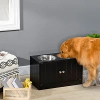 Ciotola per Cani Rialzata con Vano Contenitore, 2 Ciotole in Acciaio Inox Rimovibili, 60x30x35.5cm, Nero