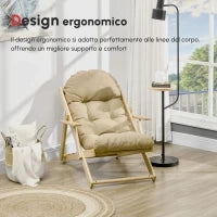 Sedia per Soggiorno Pieghevole con Braccioli e Cuscino, in Legno di Faggio e Tessuto, 71x89x96 cm, Marrone